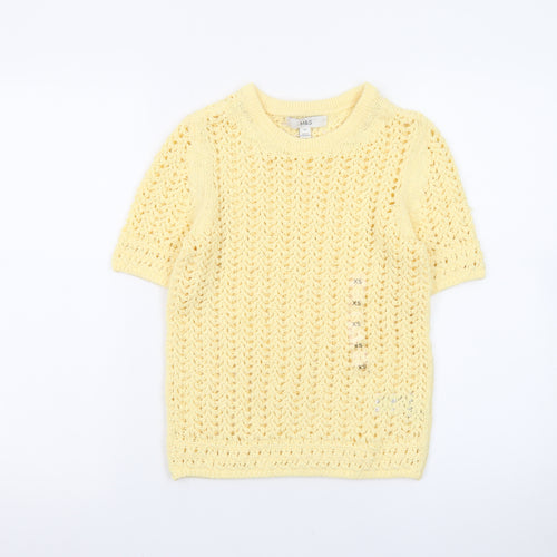 Marks and Spencer Women Yellow Open-Knit Cotton Short Sleeve Jumper XS