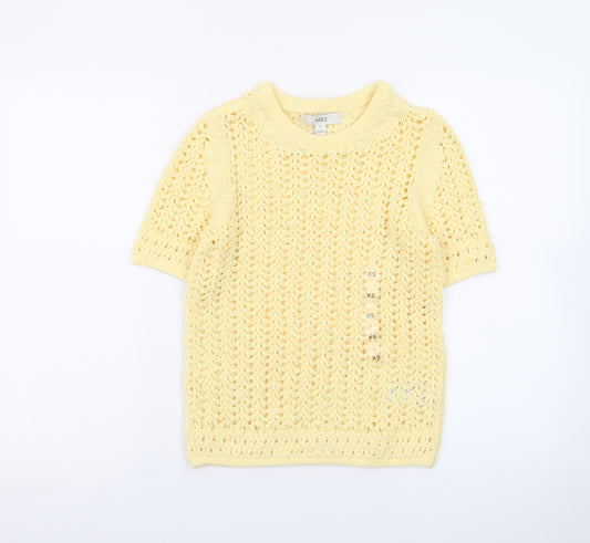 Marks and Spencer Women Yellow Open-Knit Cotton Short Sleeve Jumper XS