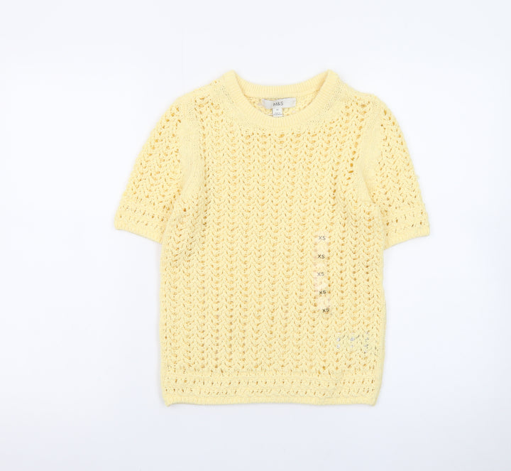Marks and Spencer Women Yellow Open-Knit Cotton Short Sleeve Jumper XS