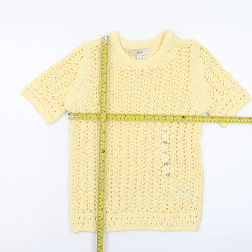 Marks and Spencer Women Yellow Open-Knit Cotton Short Sleeve Jumper XS
