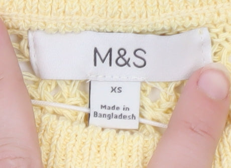 Marks and Spencer Women Yellow Open-Knit Cotton Short Sleeve Jumper XS