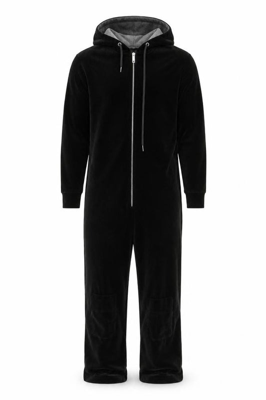 Front view of boohooMAN Men’s Black S Velour Zip Hoodie Jumpsuit Lounge Trousers
