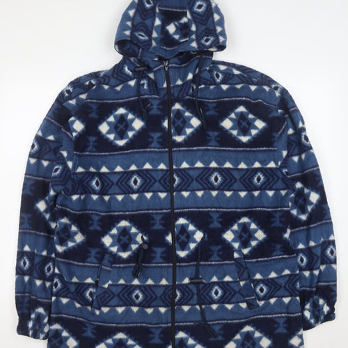 Cabin Creek Women Blue Aztec Fleece Hooded Full Zip Jacket L
