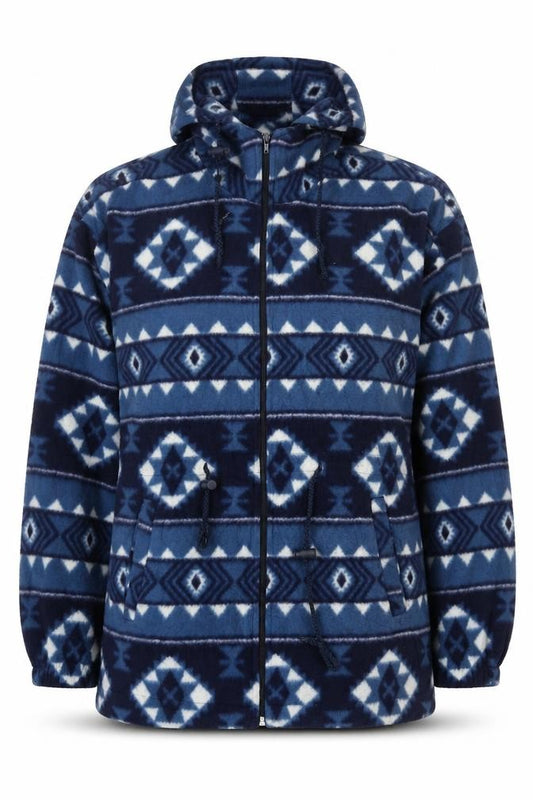 Front view of Cabin Creek Women Blue Aztec Fleece Hooded Full Zip Jacket L