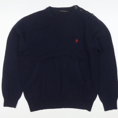 French Connection Women's Blue Wool Crew Neck Button Jumper M