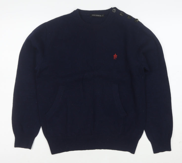 French Connection Women's Blue Wool Crew Neck Button Jumper M
