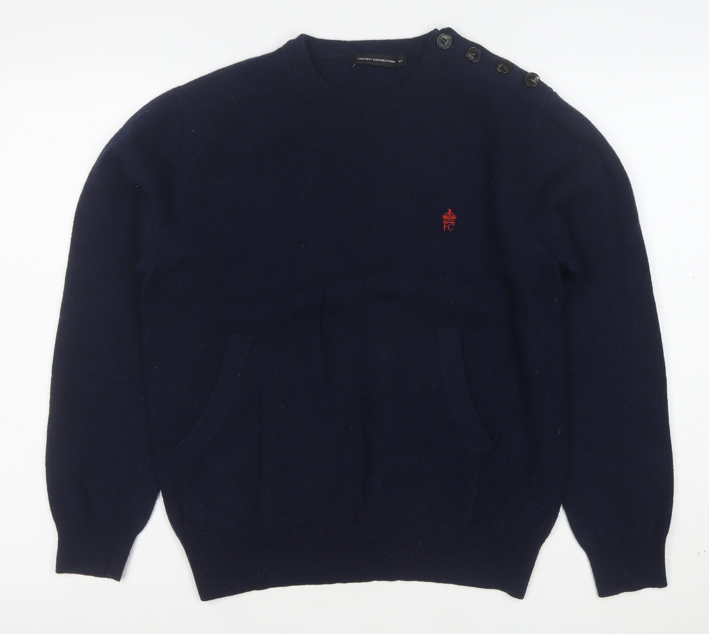 French Connection Women's Blue Wool Crew Neck Button Jumper M