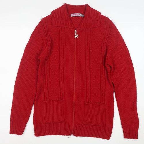 Glimpse Design Women's Red Full Zip Knitted Jumper M Collared Cable Knit