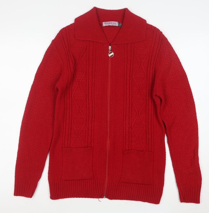 Glimpse Design Women's Red Full Zip Knitted Jumper M Collared Cable Knit