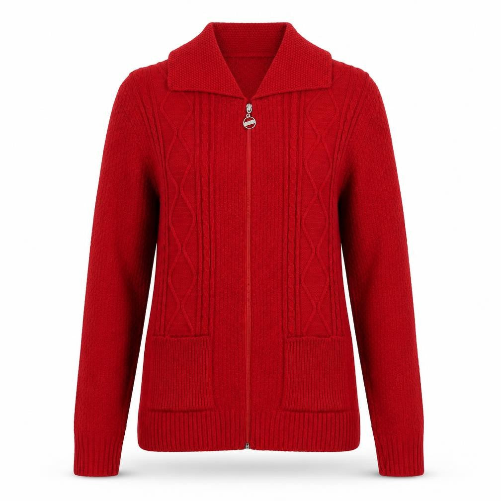 Front view of Glimpse Design Women's Red Full Zip Knitted Jumper M Collared Cable Knit
