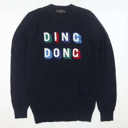 Marks and Spencer Men's Blue XS Graphic Cotton Pullover Jumper