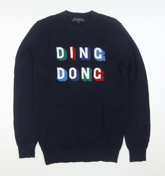 Marks and Spencer Men's Blue XS Graphic Cotton Pullover Jumper