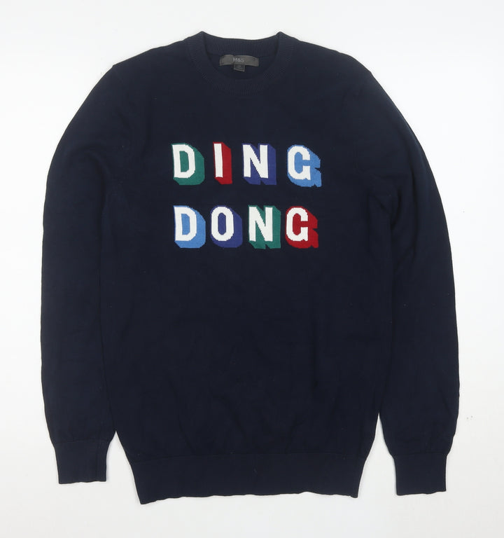 Marks and Spencer Men's Blue XS Graphic Cotton Pullover Jumper
