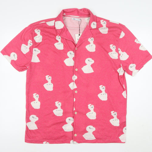 Zara Women Pink Art Print Collared Short Sleeve Nightshirt XL