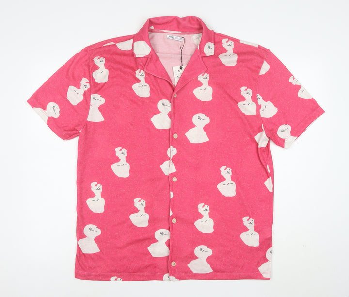 Zara Women Pink Art Print Collared Short Sleeve Nightshirt XL