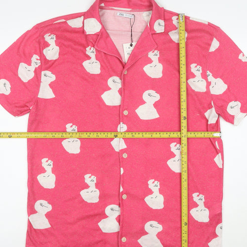 Zara Women Pink Art Print Collared Short Sleeve Nightshirt XL