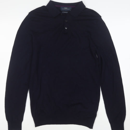 Next Men's Blue Merino Wool Collared Henley Jumper Medium