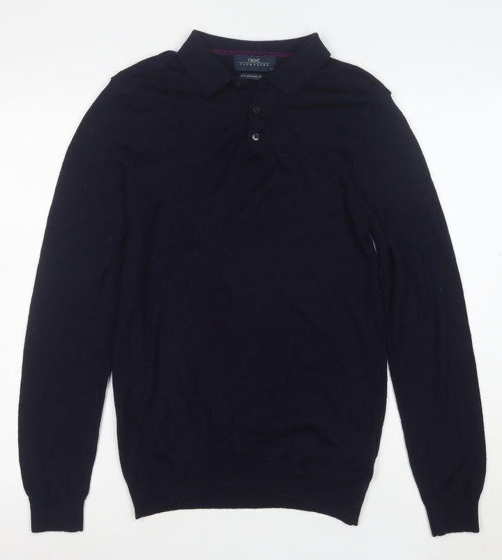Next Men's Blue Merino Wool Collared Henley Jumper Medium