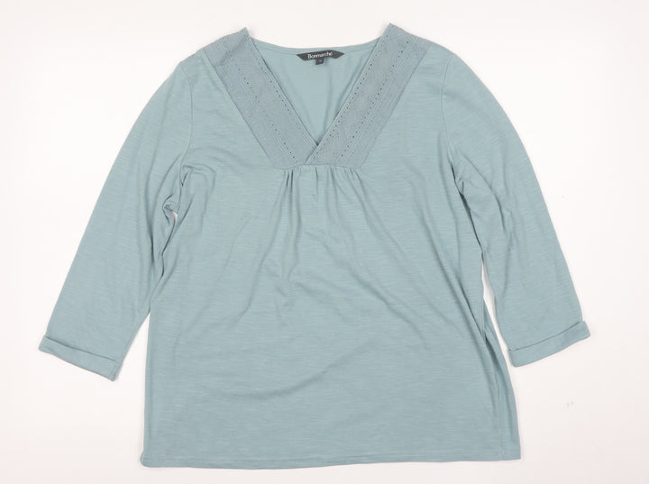 Bonmarché Women Blue Lace Trim V-Neck 3/4 Sleeve Tunic Blouse Size 16