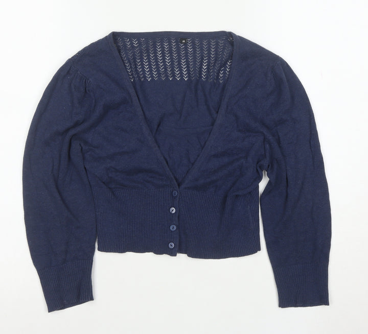 Initial Women's Blue Cropped Knit Button-Up Cardigan M