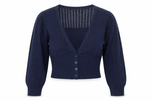 Front view of Initial Women's Blue Cropped Knit Button-Up Cardigan M