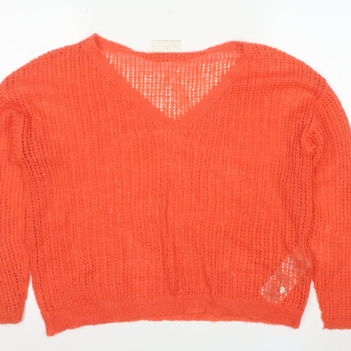 Cream Womens Orange Open-Knit V-Neck Jumper Size M