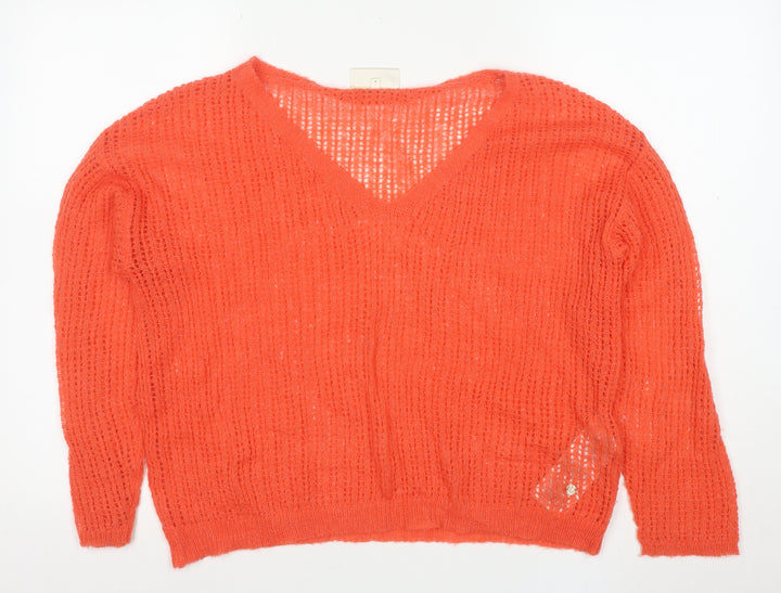 Cream Womens Orange Open-Knit V-Neck Jumper Size M