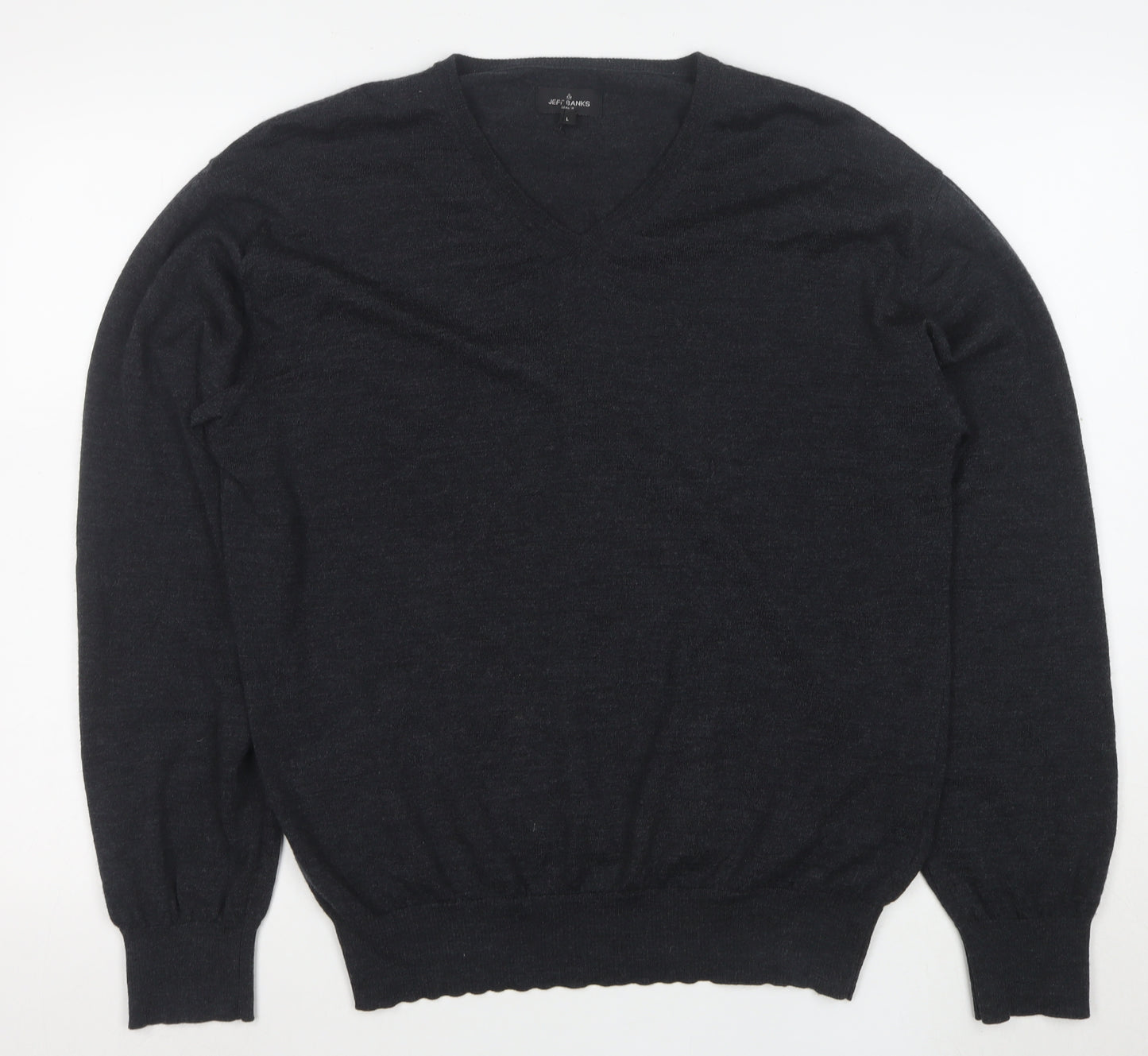 Jeff Banks Men's Grey Merino Wool V-Neck Jumper Large