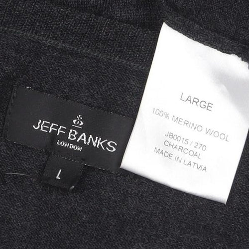 Jeff Banks Men's Grey Merino Wool V-Neck Jumper Large
