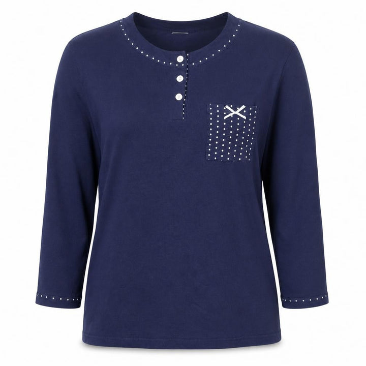 TamarT Women's Blue Cotton Long Sleeve Henley T-Shirt M