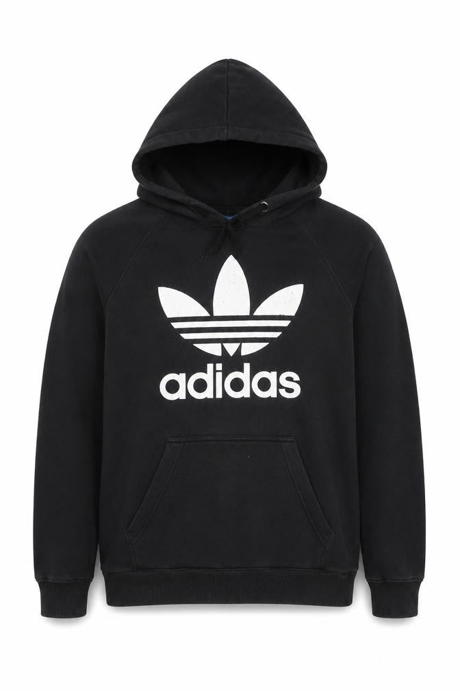 Front view of adidas men’s black small pullover hoodie with logo fleece sweatshirt