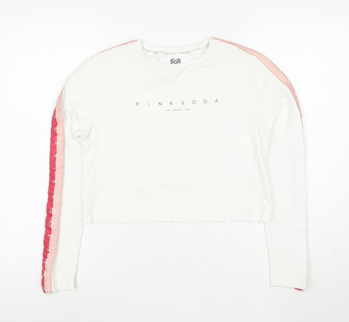 Pink Soda Sport Women's White Cropped Long Sleeve T-Shirt UK 12