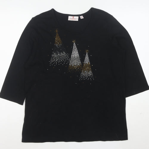 Quacker Factory Women's Black Rhinestone Christmas 3/4 Sleeve Cotton T-Shirt M