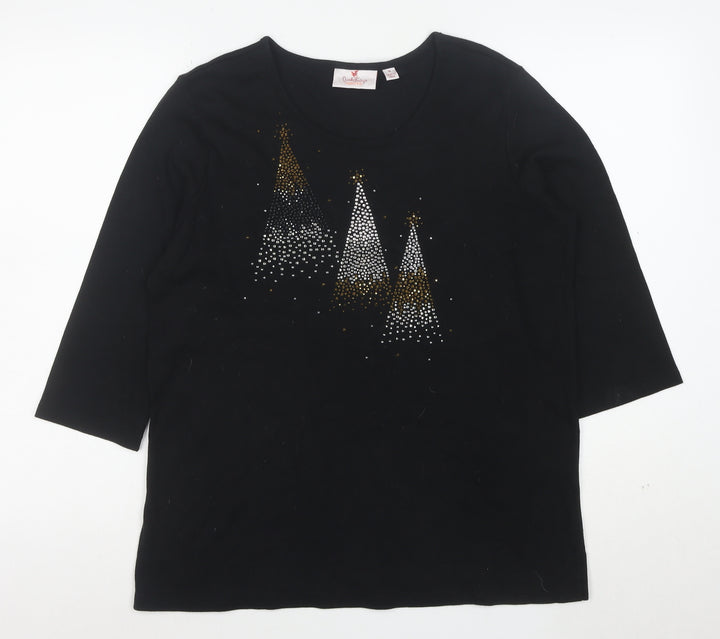 Quacker Factory Women's Black Rhinestone Christmas 3/4 Sleeve Cotton T-Shirt M