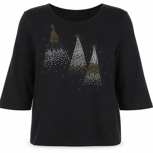Quacker Factory Women's Black Rhinestone Christmas 3/4 Sleeve Cotton T-Shirt M
