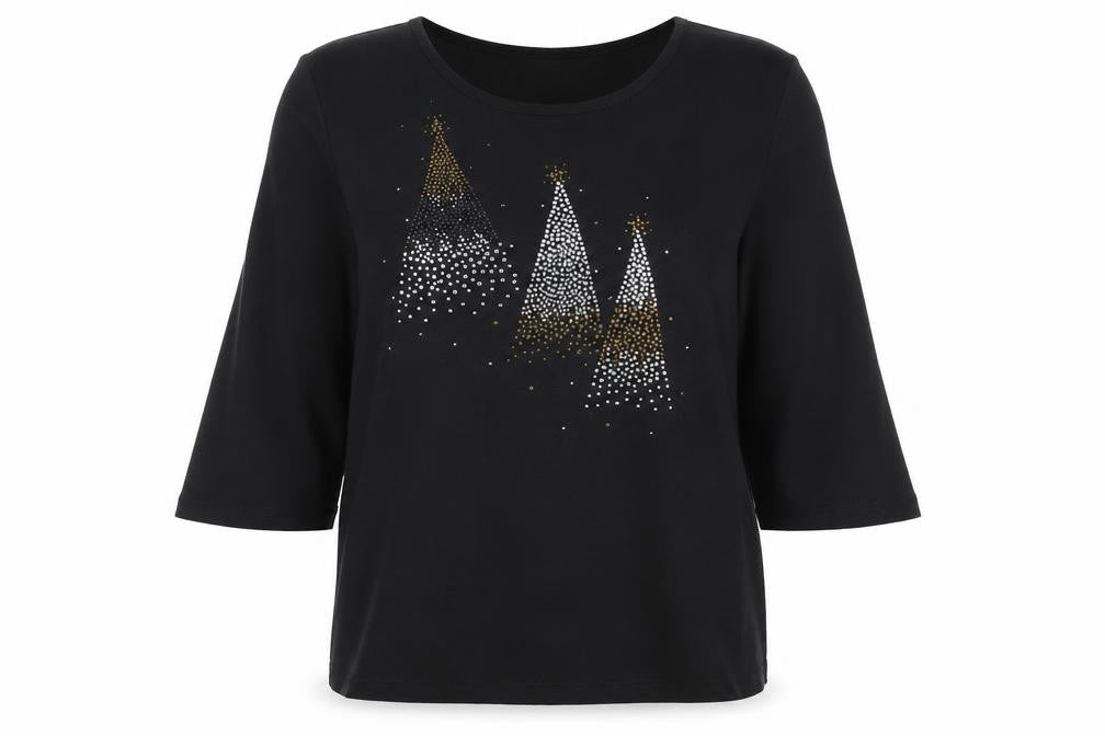 Quacker Factory Women's Black Rhinestone Christmas 3/4 Sleeve Cotton T-Shirt M