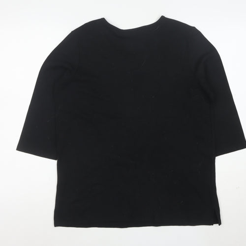 Quacker Factory Women's Black Rhinestone Christmas 3/4 Sleeve Cotton T-Shirt M