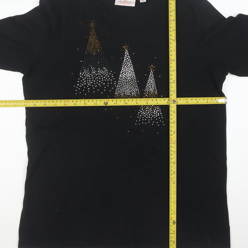 Quacker Factory Women's Black Rhinestone Christmas 3/4 Sleeve Cotton T-Shirt M