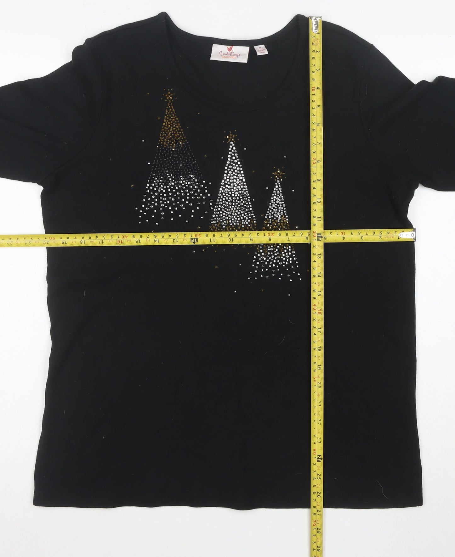 Quacker Factory Women's Black Rhinestone Christmas 3/4 Sleeve Cotton T-Shirt M