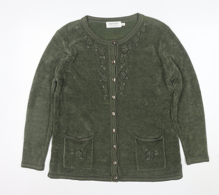 Reflect Collection Women’s Green Beaded Floral Knit Cardigan Size M