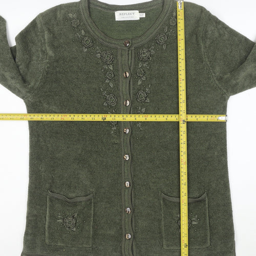 Reflect Collection Women’s Green Beaded Floral Knit Cardigan Size M