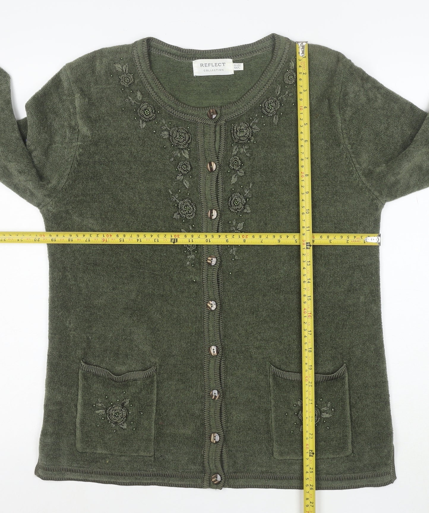 Reflect Collection Women’s Green Beaded Floral Knit Cardigan Size M