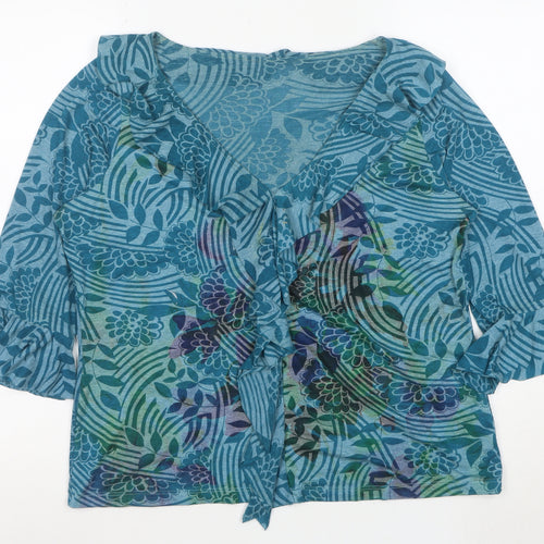Marks and Spencer Per Una Blue Floral Ruffle 3/4 Sleeve Tunic Top Size 18