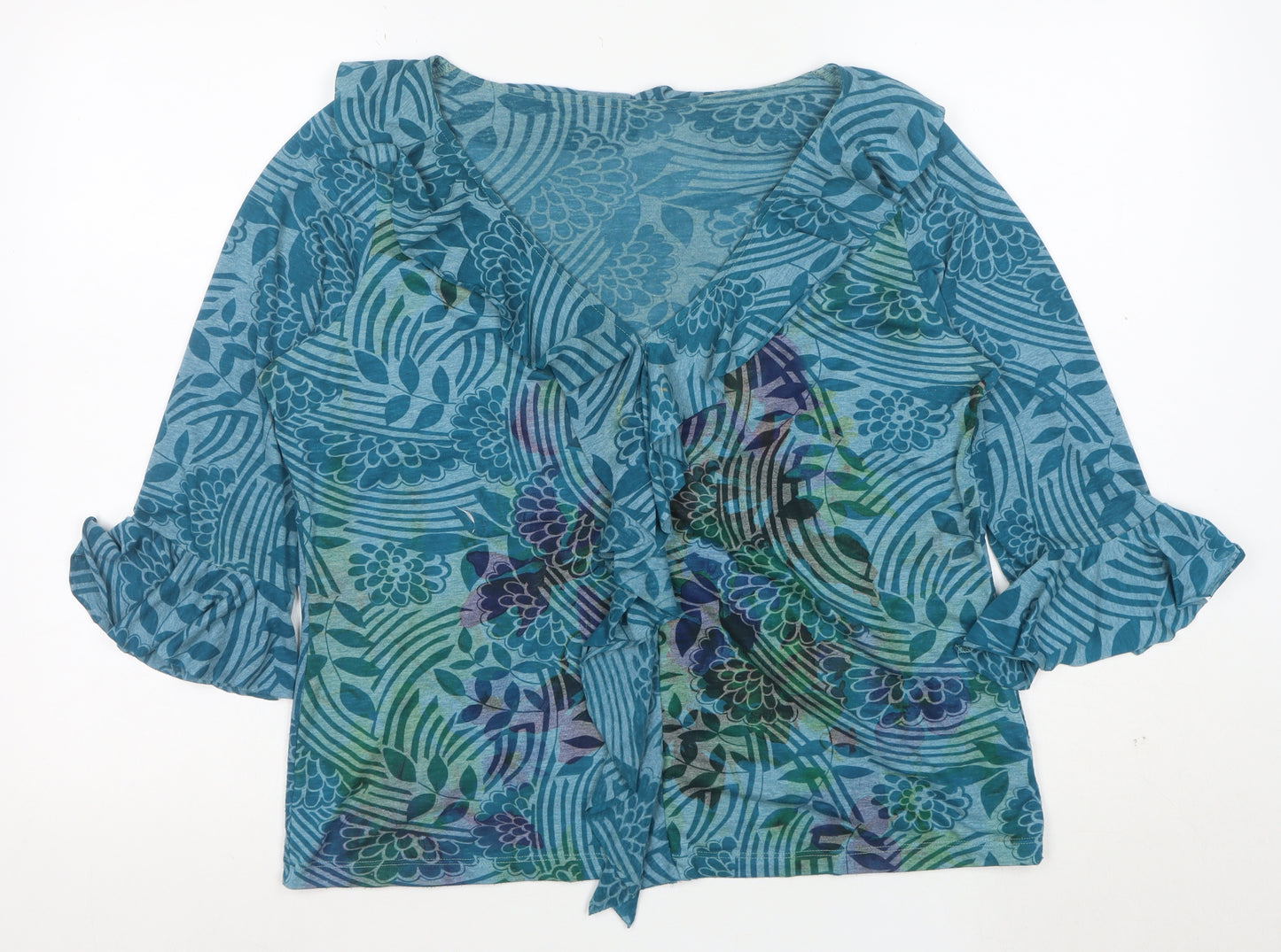 Marks and Spencer Per Una Blue Floral Ruffle 3/4 Sleeve Tunic Top Size 18