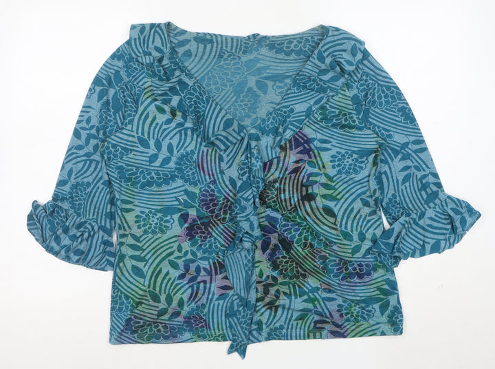 Marks and Spencer Per Una Blue Floral Ruffle 3/4 Sleeve Tunic Top Size 18