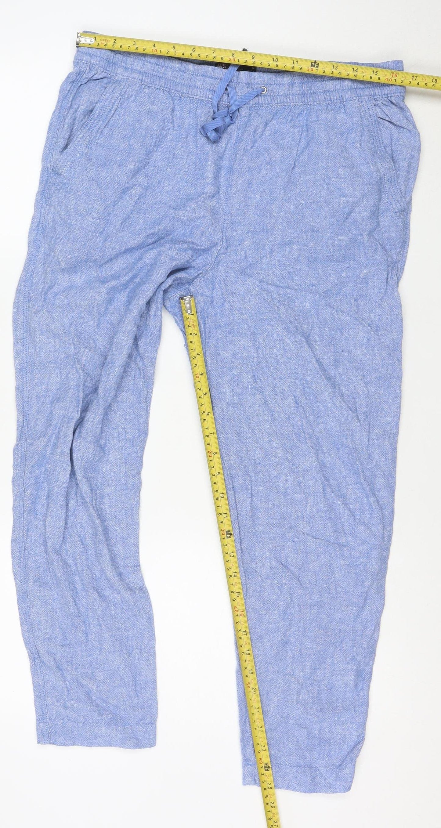 Marks and Spencer Women Blue Linen Blend Drawstring Jogger Trousers Size 14