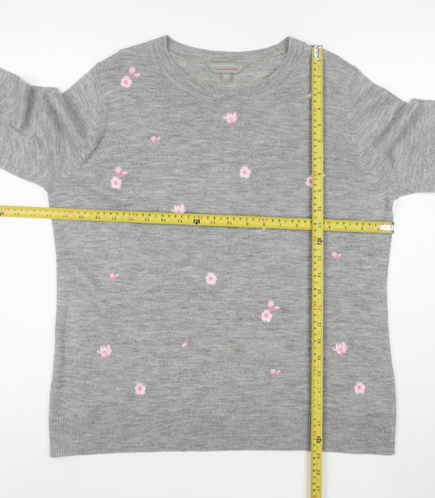 Dorothy Perkins Women Grey Floral Embroidered Knit Jumper Size 14
