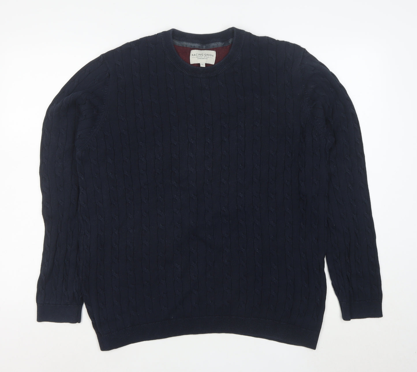 Racing Green Men's Blue Cable-Knit Cotton Jumper XL Crew Neck