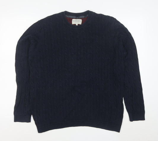 Racing Green Men's Blue Cable-Knit Cotton Jumper XL Crew Neck