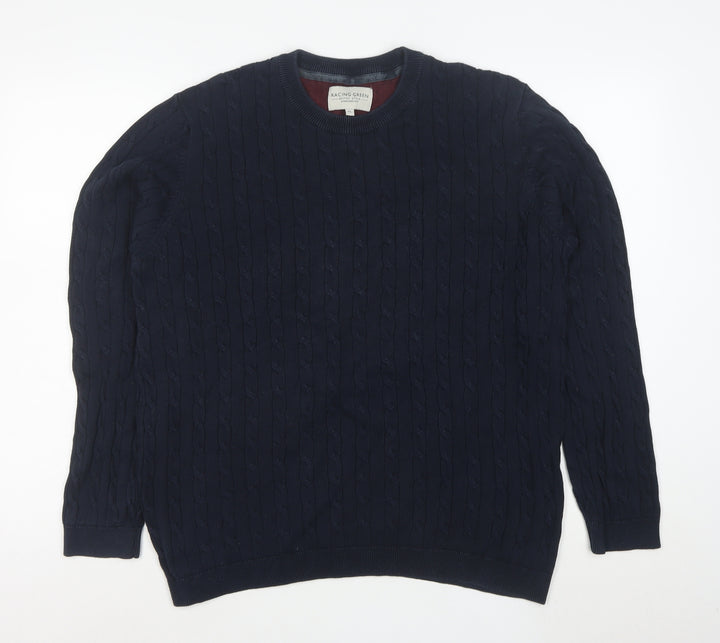 Racing Green Men's Blue Cable-Knit Cotton Jumper XL Crew Neck